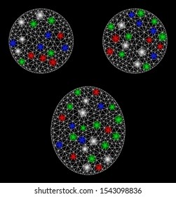 Bright mesh surprized smiley with glare effect. White wire carcass triangular mesh in vector format on a black background. Abstract 2d mesh created from triangles, small circle, colored glare spots.