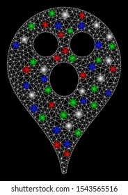 Bright mesh surprized smiley map marker with glare effect. White wire carcass triangular mesh in vector format on a black background. Abstract 2d mesh designed with triangular lines, small circle,