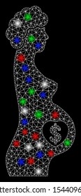 Bright mesh surrogate mother with glare effect. White wire carcass polygonal mesh in vector format on a black background. Abstract 2d mesh designed with polygonal grid, spheric points,