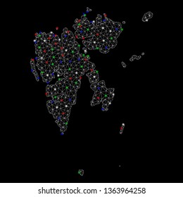 Bright mesh Svalbard Island map with glare effect. Wire carcass polygonal mesh in vector format on a black background. Abstract 2d mesh created from polygonal grid, round dots, colorful glare spots.