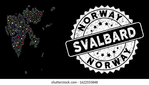 Bright mesh Svalbard Island map with glow effect, and seal. Wire carcass triangular Svalbard Island map mesh in vector format on a black background. White round seal stamp with scratched texture.