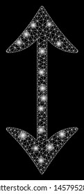 Bright mesh swap vertically with glare effect. Abstract illuminated model of swap vertically icon. Shiny wire frame triangular mesh swap vertically. Vector abstraction on a black background.