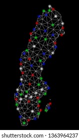 Bright mesh Sweden map with glow effect. Wire carcass triangular network in vector format on a black background. Abstract 2d mesh designed with triangular lines, dots, colored flash spots.