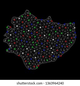 Bright mesh Swietokrzyskie Voivodeship map with lightspot effect. Wire frame triangular mesh in vector format on a black background. Abstract 2d mesh designed with triangular lines, dots,