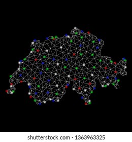 Bright mesh Switzerland map with lightspot effect. Wire carcass polygonal mesh in vector format on a black background. Abstract 2d mesh built from polygonal grid, points, colorful flare spots.