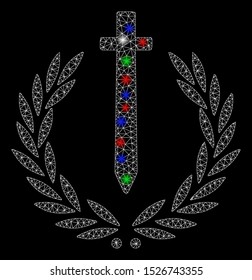 Bright mesh sword honor embleme with glow effect. White wire frame triangular mesh in vector format on a black background. Abstract 2d mesh designed with triangles, spheric points,