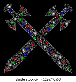 Bright mesh swords with glow effect. White wire frame triangular mesh in vector format on a black background. Abstract 2d mesh designed with triangles, small circle, colored flash spots.