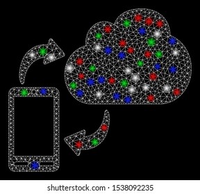 Bright mesh sync phone-cloud with glow effect. White wire frame polygonal mesh in vector format on a black background. Abstract 2d mesh designed with polygonal grid, points, colored light spots.