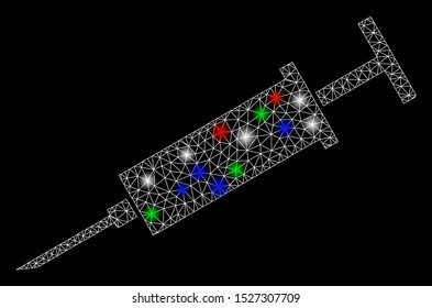 Bright mesh syringe with glare effect. White wire frame polygonal mesh in vector format on a black background. Abstract 2d mesh designed with polygonal grid, spheric points, colorful flare spots.