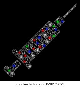 Bright mesh syringe with glare effect. White wire frame polygonal mesh in vector format on a black background. Abstract 2d mesh created from polygonal grid, dots, colorful flare spots.