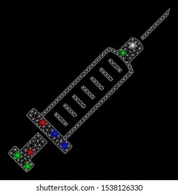 Bright mesh syringe with glare effect. White wire frame polygonal mesh in vector format on a black background. Abstract 2d mesh built from polygonal grid, small circle, colorful flash spots.