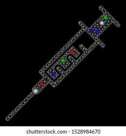 Bright mesh syringe with glow effect. White wire carcass triangular mesh in vector format on a black background. Abstract 2d mesh designed with triangular lines, round dots, colorful flare spots.