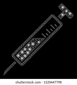 Bright mesh syringe with lightspot effect. Abstract illuminated model of syringe icon. Shiny wire frame triangular mesh syringe. Vector abstraction on a black background.
