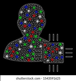 Bright mesh system developer with glare effect. White wire frame polygonal mesh in vector format on a black background. Abstract 2d mesh built from polygonal grid, points, colorful glare spots.