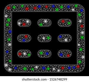 Bright mesh table grid with glare effect. White wire frame triangular mesh in vector format on a black background. Abstract 2d mesh built from triangles, dots, colored glare spots.