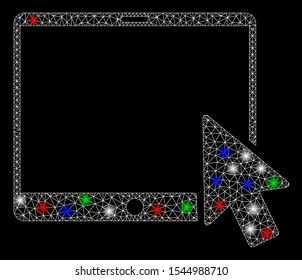 Bright mesh tablet arrow pointer with glare effect. White wire frame polygonal mesh in vector format on a black background. Abstract 2d mesh built from polygonal grid, spheric points,