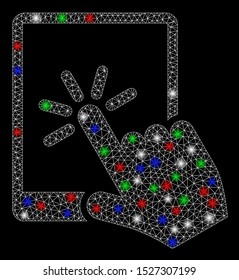 Bright mesh tablet click with glare effect. White wire carcass triangular mesh in vector format on a black background. Abstract 2d mesh built from triangular lines, dots, colored glare spots.