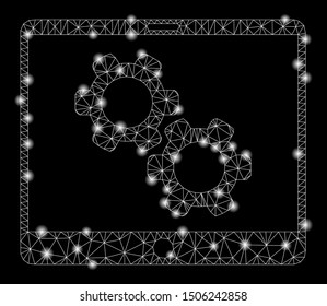 Bright mesh tablet settings gears with glare effect. Abstract illuminated model of tablet settings gears icon. Shiny wire carcass polygonal mesh tablet settings gears.