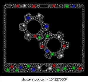 Bright mesh tablet settings gears with glare effect. White wire carcass polygonal mesh in vector format on a black background. Abstract 2d mesh designed with triangles, round dots,