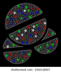 Bright mesh tablets with glare effect. White wire frame polygonal network in vector format on a black background. Abstract 2d mesh built from polygonal grid, spheric points, colored glare spots.