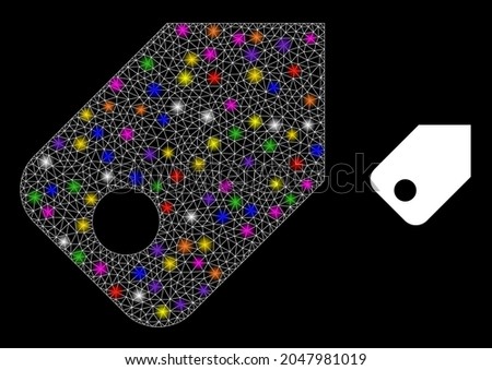 Bright mesh tag constellation icon with lightspots. Illuminated vector constellation based on tag icon. Sparkle carcass polygonal tag on a black background. Linear frame flat mesh in vector format.