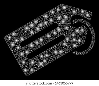 Bright mesh tag with glare effect. Abstract illuminated model of tag icon. Shiny wire frame triangular network tag. Vector abstraction on a black background.