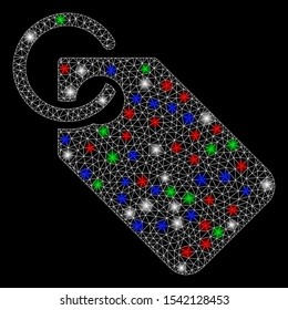 Bright mesh tag with glare effect. White wire frame polygonal mesh in vector format on a black background. Abstract 2d mesh designed with polygonal grid, round dots, colored flash spots.