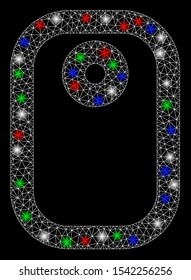 Bright mesh tag with glare effect. White wire frame triangular mesh in vector format on a black background. Abstract 2d mesh designed with triangular lines, round dots, colorful light spots.