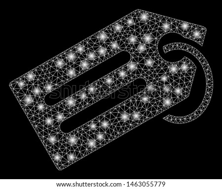 Bright mesh tag with glare effect. Abstract illuminated model of tag icon. Shiny wire frame triangular network tag. Vector abstraction on a black background.
