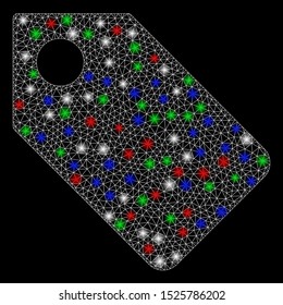 Bright mesh tag with lightspot effect. White wire carcass triangular mesh in vector format on a black background. Abstract 2d mesh designed with triangular lines, round dots, colorful light spots.
