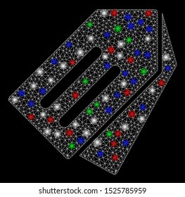 Bright mesh tags with glow effect. White wire carcass polygonal mesh in vector format on a black background. Abstract 2d mesh designed with polygonal grid, small circle, colored light spots.