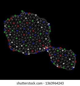 Bright mesh Tahiti Island map with glare effect. Wire carcass triangular mesh in vector format on a black background. Abstract 2d mesh designed with triangular lines, small circle,