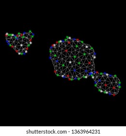 Bright mesh Tahiti and Moorea islands map with glow effect. Wire frame triangular mesh in vector format on a black background. Abstract 2d mesh designed with triangular lines, small circle,