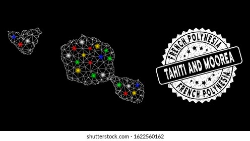 Bright mesh Tahiti and Moorea islands map with glow effect, and rubber print. Wire carcass triangular Tahiti and Moorea islands map mesh in vector format on a black background.