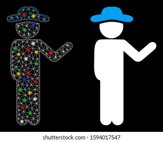 Bright mesh talking gentleman icon with sparkle effect. Abstract illuminated model of talking gentleman. Shiny wire frame polygonal mesh talking gentleman icon.