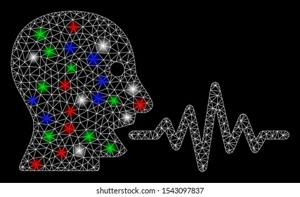 Bright mesh talking user signal with glare effect. White wire carcass polygonal mesh in vector format on a black background. Abstract 2d mesh designed with triangular lines, small circle,