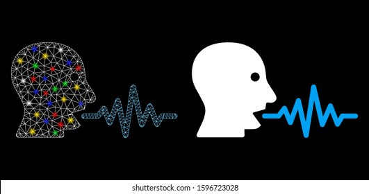 Bright mesh talking user signal icon with glare effect. Abstract illuminated model of talking user signal. Shiny wire carcass triangular mesh talking user signal icon.