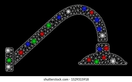 Bright mesh tap mixer with glow effect. White wire frame triangular mesh in vector format on a black background. Abstract 2d mesh designed with triangles, round dots, colorful flare spots.