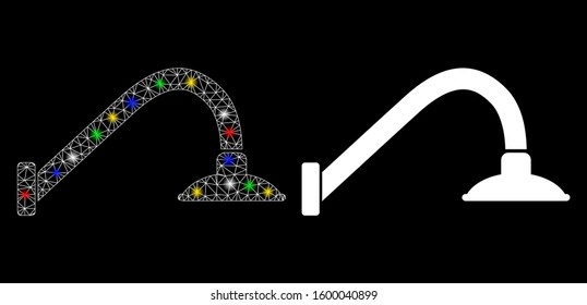 Bright mesh tap mixer icon with glare effect. Abstract illuminated model of tap mixer. Shiny wire frame polygonal network tap mixer icon. Vector abstraction on a black background.