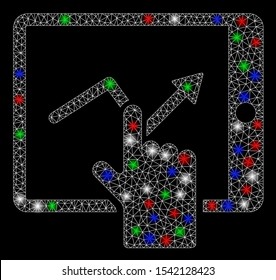 Bright mesh tap trend on PDA with glare effect. White wire frame polygonal mesh in vector format on a black background. Abstract 2d mesh created from polygonal grid, round dots, colorful flare spots.