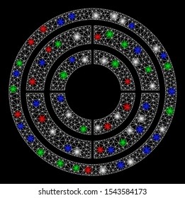Bright mesh target with glare effect. White wire frame triangular mesh in vector format on a black background. Abstract 2d mesh created from triangles, dots, colorful glare spots.