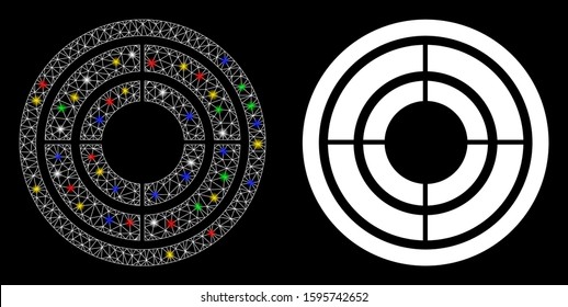Bright mesh target icon with glare effect. Abstract illuminated model of target. Shiny wire frame polygonal mesh target icon. Vector abstraction on a black background.