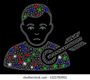 Bright mesh target man with lightspot effect. White wire frame triangular mesh in vector format on a black background. Abstract 2d mesh designed with triangular lines, spheric points,