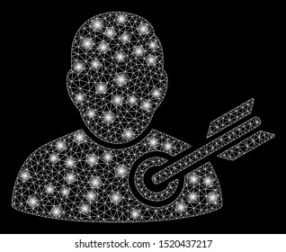 Bright mesh target user with glitter effect. Abstract illuminated model of target user icon. Shiny wire frame polygonal mesh target user. Vector abstraction on a black background.
