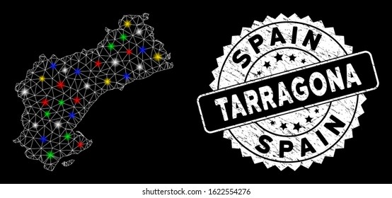 Bright mesh Tarragona Province map with glare effect, and watermark. Wire frame triangular Tarragona Province map mesh in vector format on a black background.