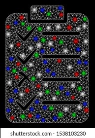 Bright mesh task list with lightspot effect. White wire carcass triangular mesh in vector format on a black background. Abstract 2d mesh built from triangular lines, points, colorful flash spots.
