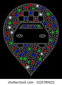 Bright mesh taxi car marker with glare effect. White wire frame polygonal mesh in vector format on a black background. Abstract 2d mesh designed with polygonal grid, dots, colored glare spots.