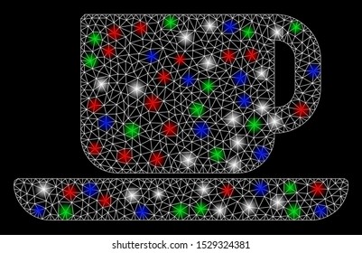 Bright mesh tea cup with glare effect. White wire carcass polygonal mesh in vector format on a black background. Abstract 2d mesh designed with polygonal grid, small circle, colorful glare spots.