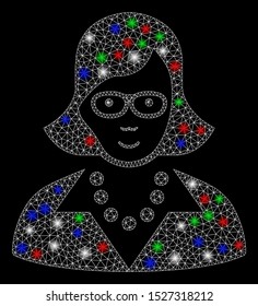 Bright mesh teacher lady with lightspot effect. White wire carcass polygonal mesh in vector format on a black background. Abstract 2d mesh designed with polygonal grid, points, colored glare spots.