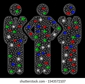 Bright mesh team with glow effect. White wire carcass polygonal mesh in vector format on a black background. Abstract 2d mesh designed with polygonal grid, points, colorful flare spots.